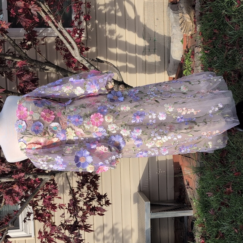 Pink Multi 3D Floral Embroidered Catharine Midi Dress NEW Med